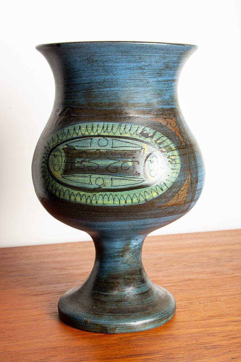 Vallauris, Modernist Vase, blue glazed ceramic, Jean de Lespinasse.