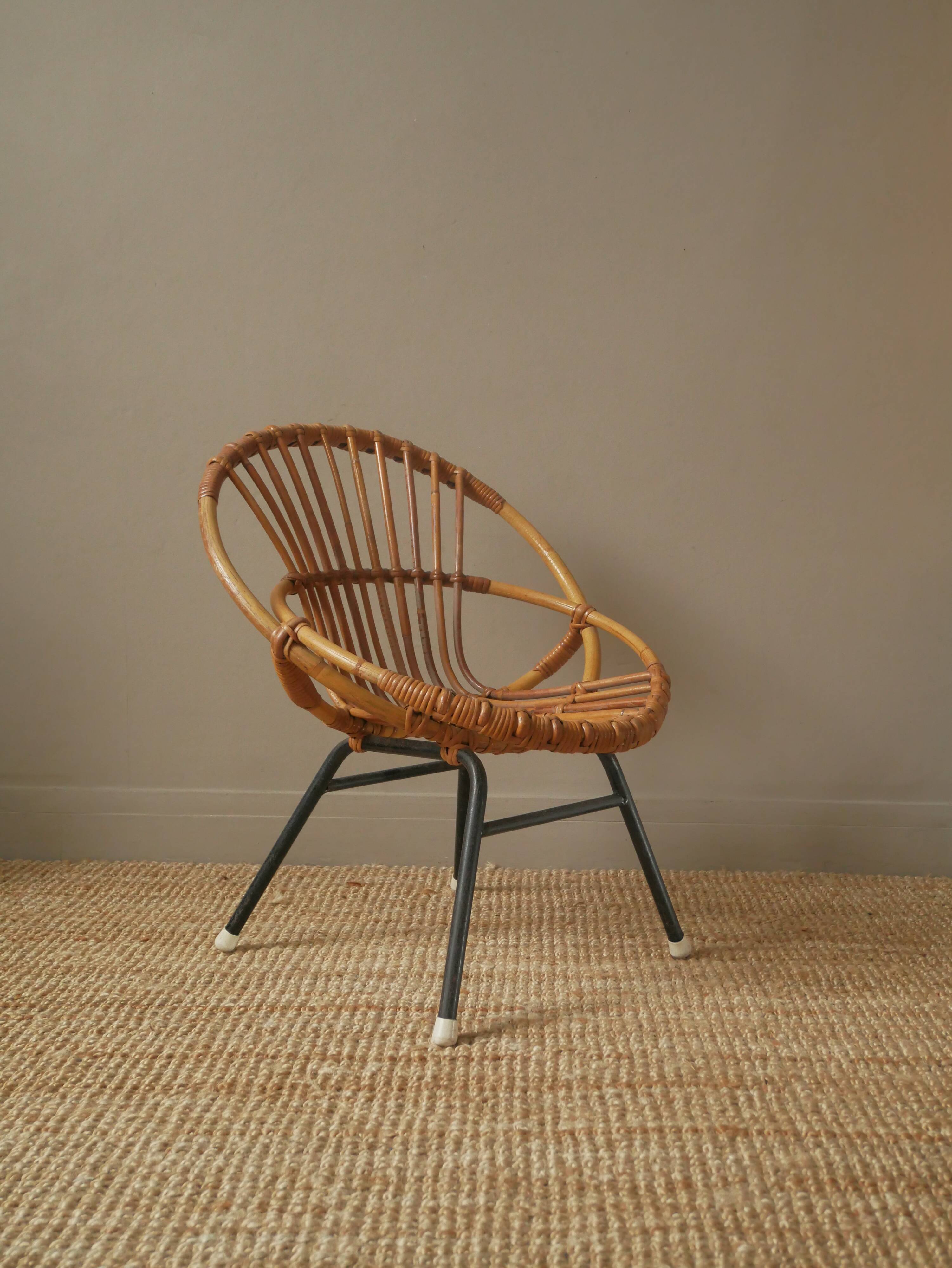 Vintage bamboo wicker rattan armchair Scandinavian decoration child retro chair black metal base