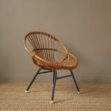 Vintage bamboo wicker rattan armchair Scandinavian decoration child retro chair black metal base