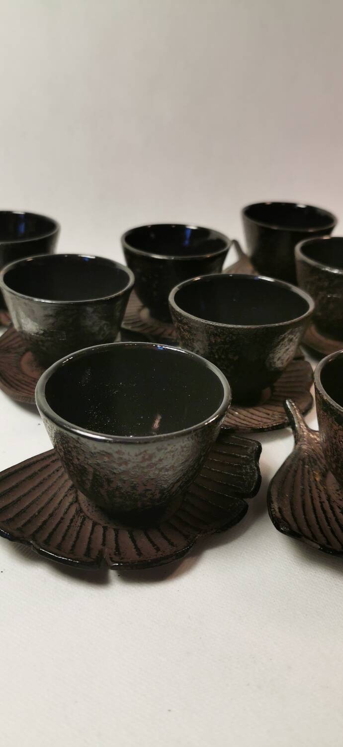 Set of 12 Asian Tea Cups and Saucers in Enameled Cast Iron