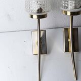 Paire d'appliques laiton et verre blanc et transparent 1960