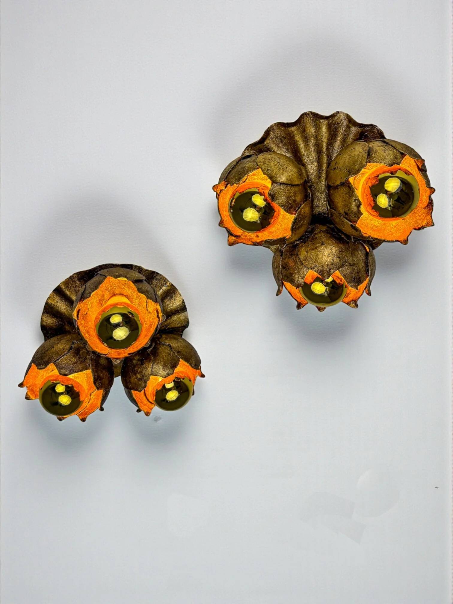 French floral bouquet three-light ceiling or wall light, gilt iron, 1940s