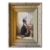 Tableau, huile sur toile "Portrait de jeune femme en costume traditionnel" XIXème s.