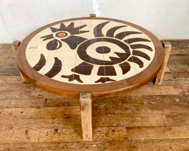 Ceramic coffee table and vintage wood year 1965 signed Dan