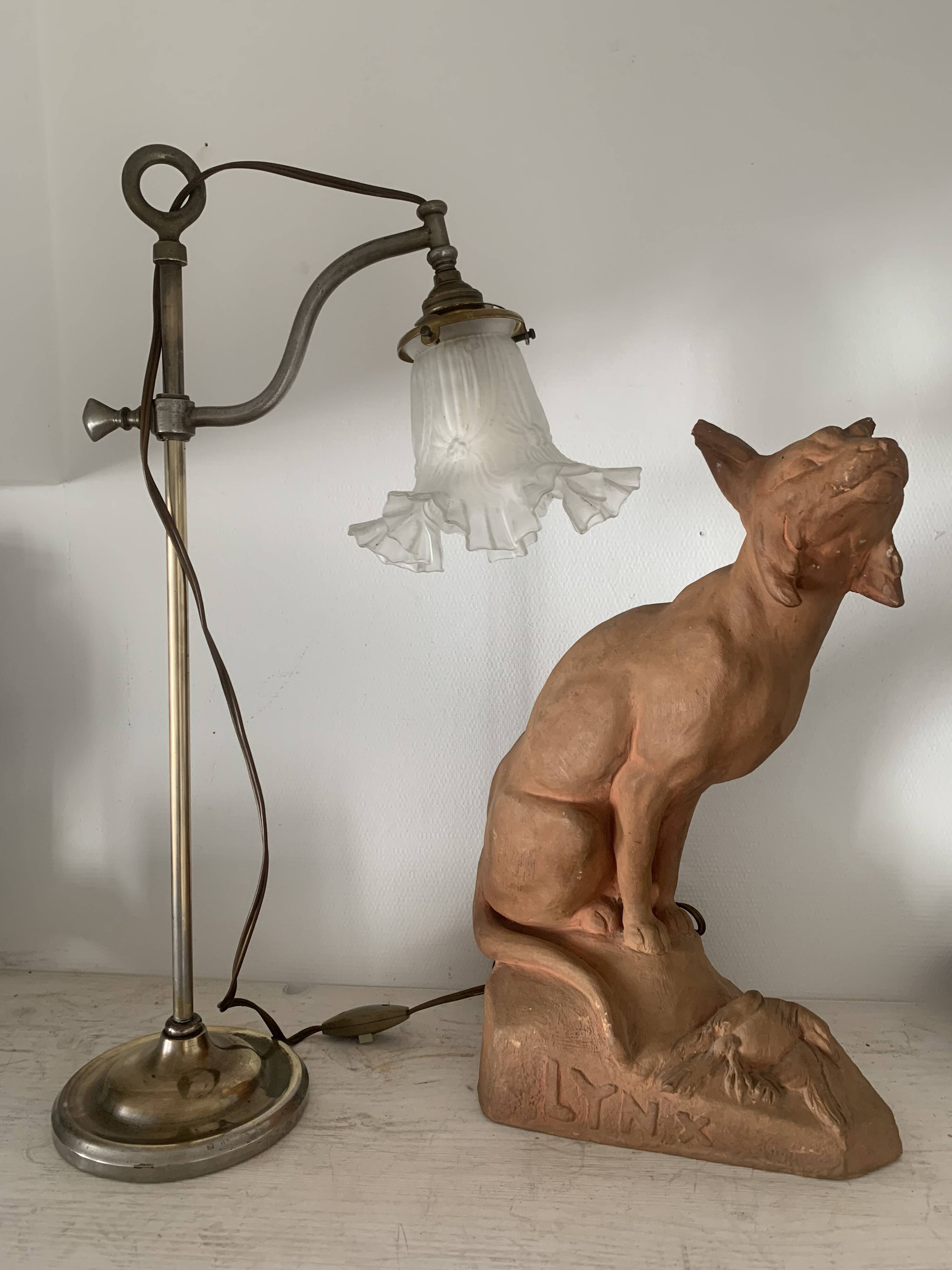 Gooseneck lamp "rise and fall" in brass and glass tulip, 1900