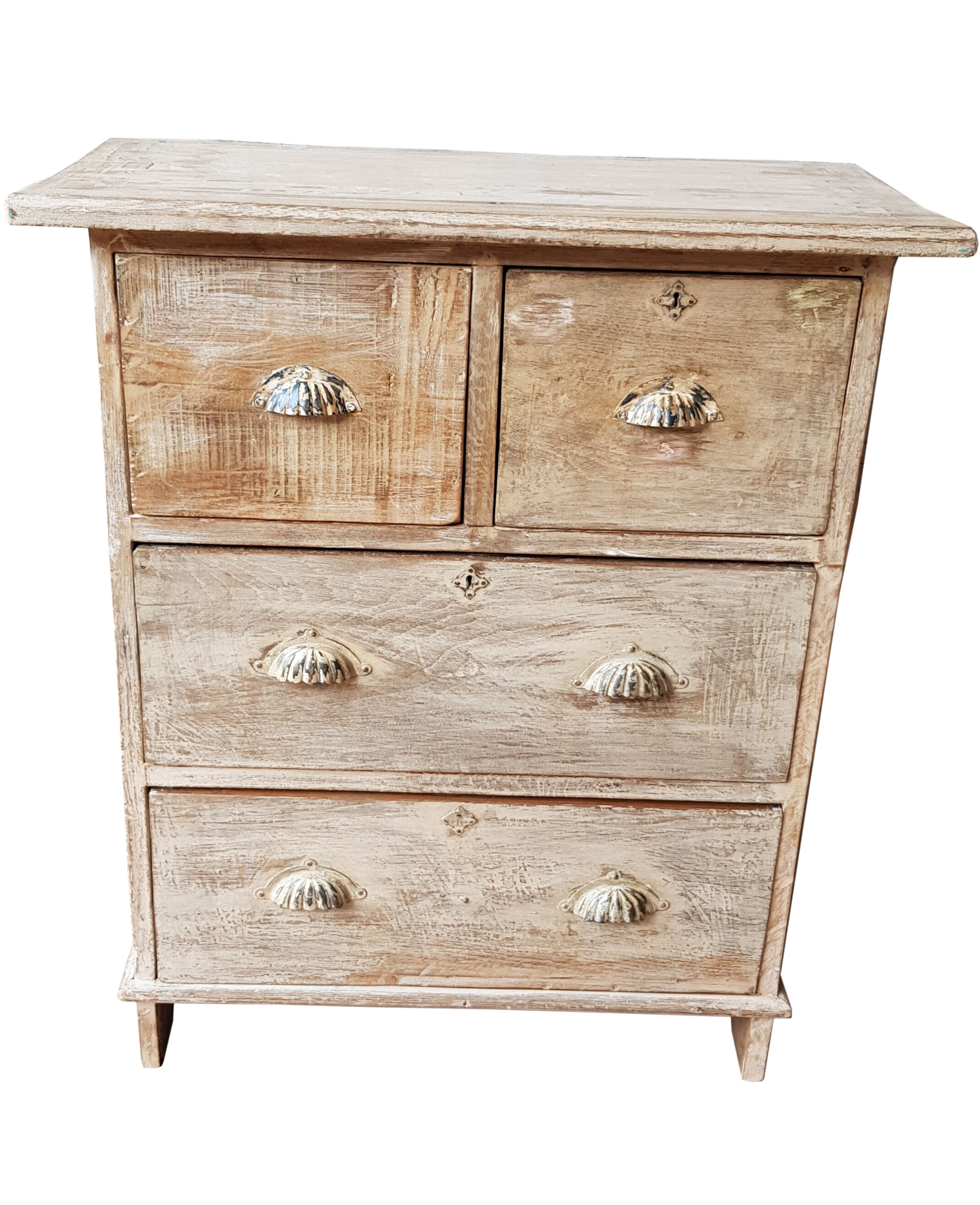 Commode 4 tiroirs en teck birman cérusé blanc