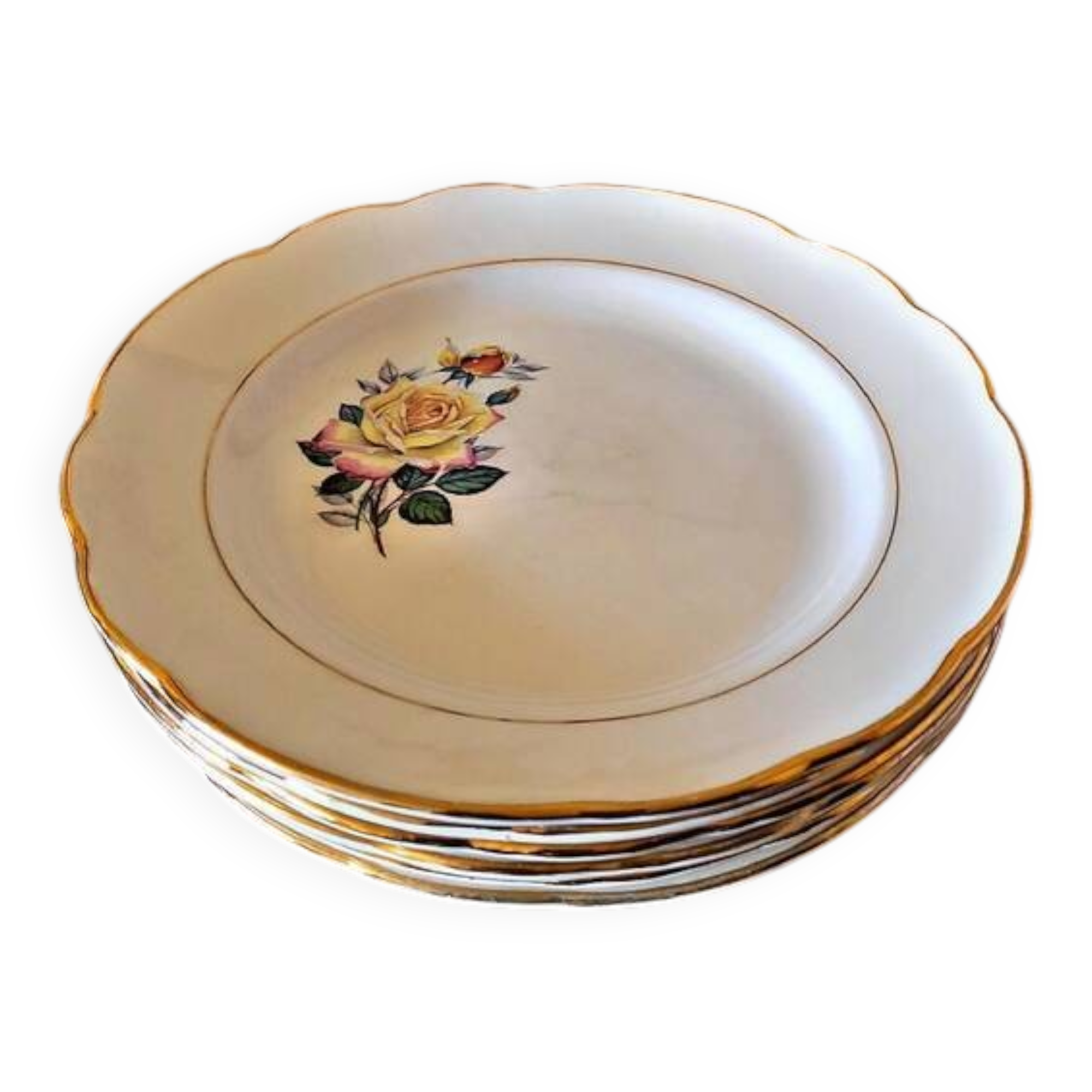 6 Gien Gardanne dinner plates, pink and yellow, with gold trim