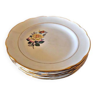 6 Gien Gardanne dinner plates, pink and yellow, with gold trim