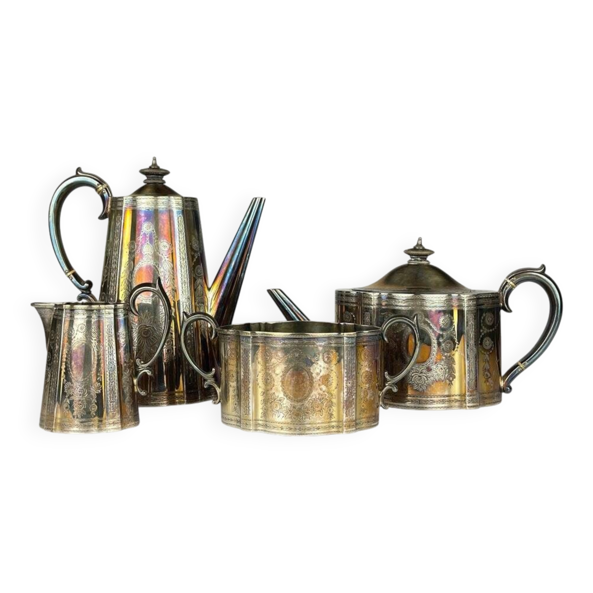 Antique silver-plated coffee and tea service by Elkington & Co, 1880s, set of 4.