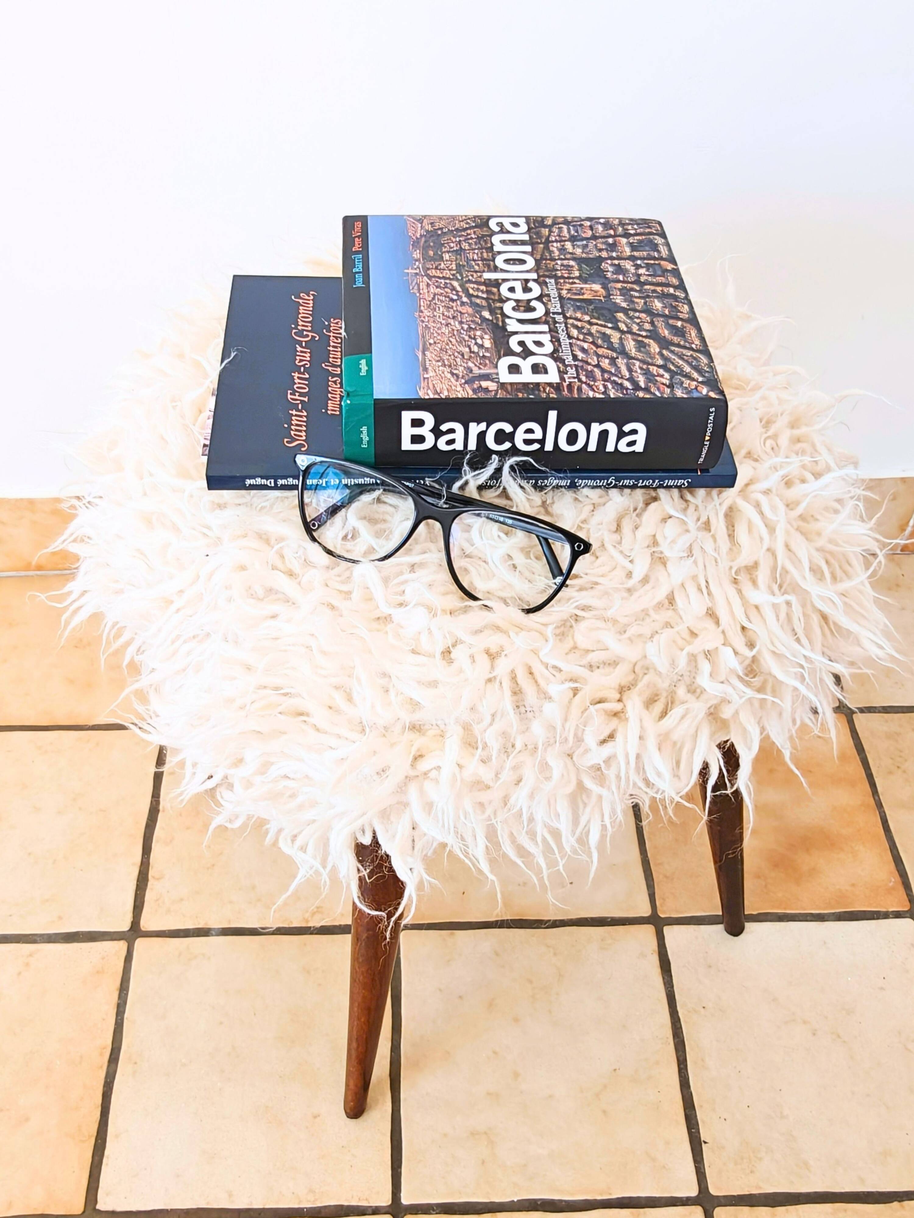 Mid-Century stool with splayed legs in genuine wool