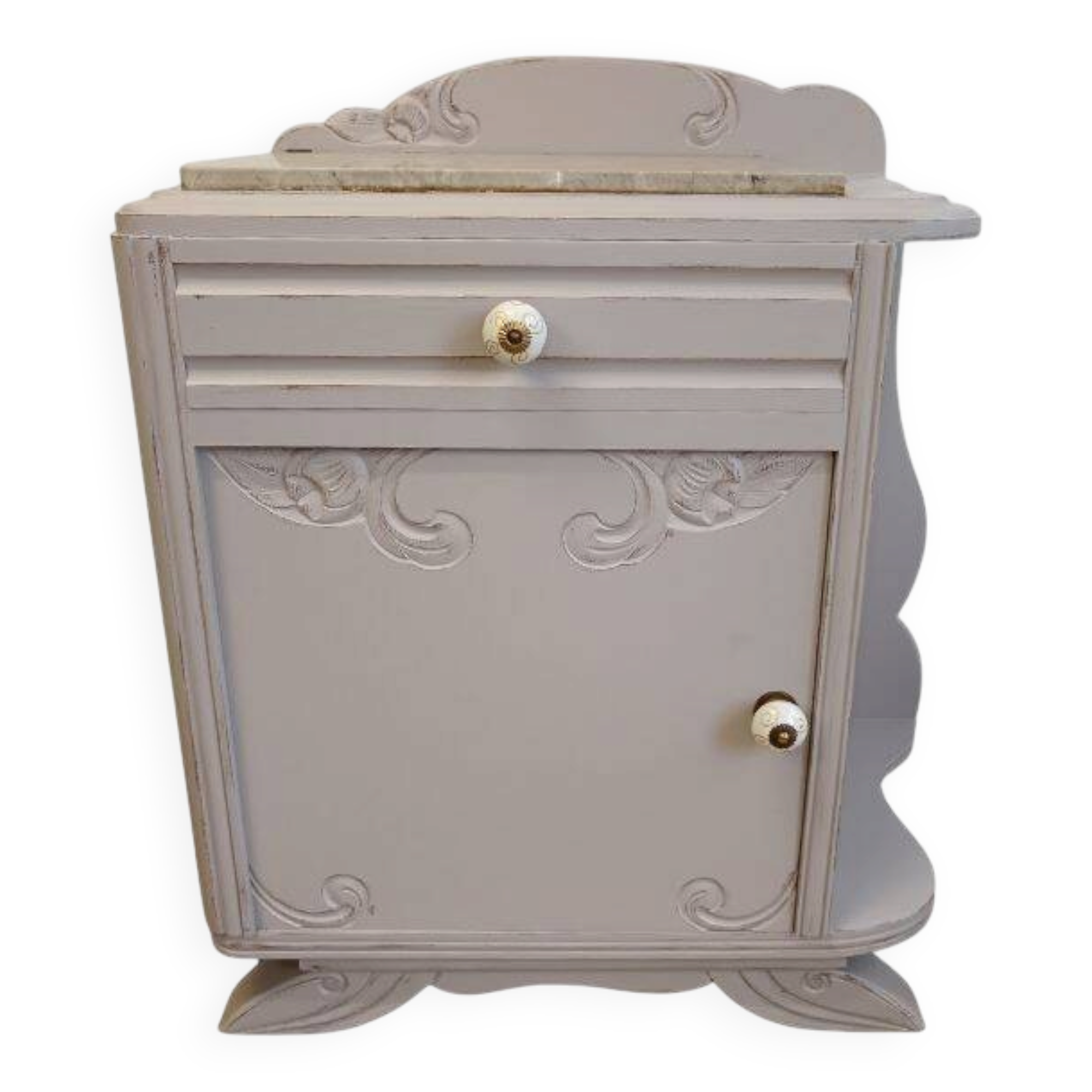 Vintage grey bedside table with marble top from the 1930s.