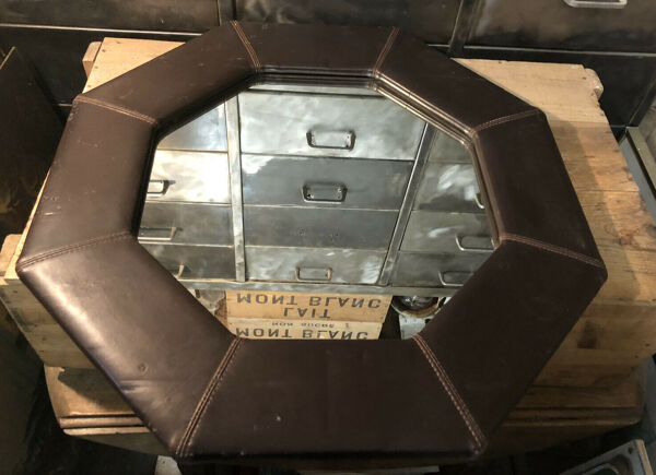 Miroir mural octogonal en cuir marron vintage 67,5x67,5 cm