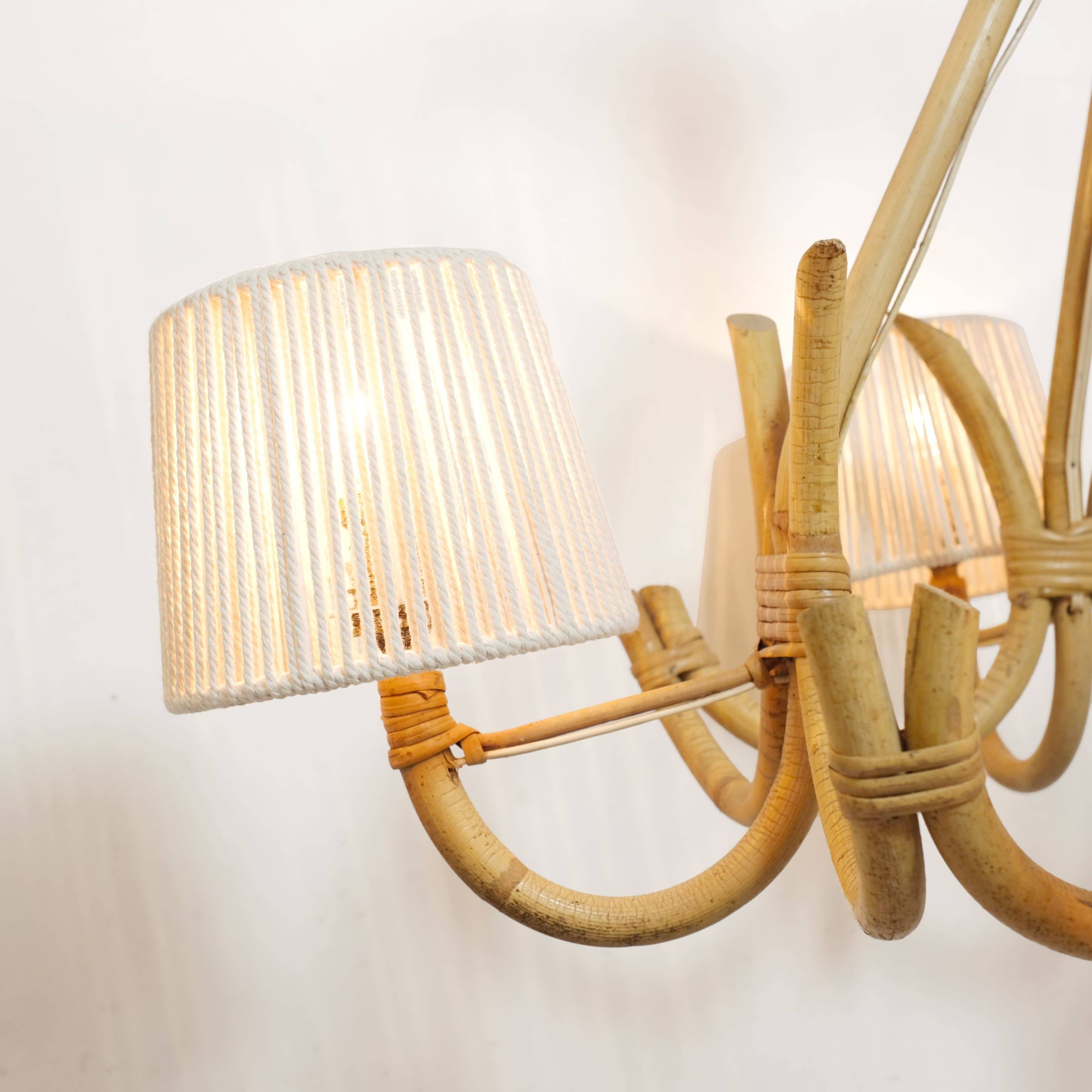 4-light rattan and rope pendant light, 1960-1970.
