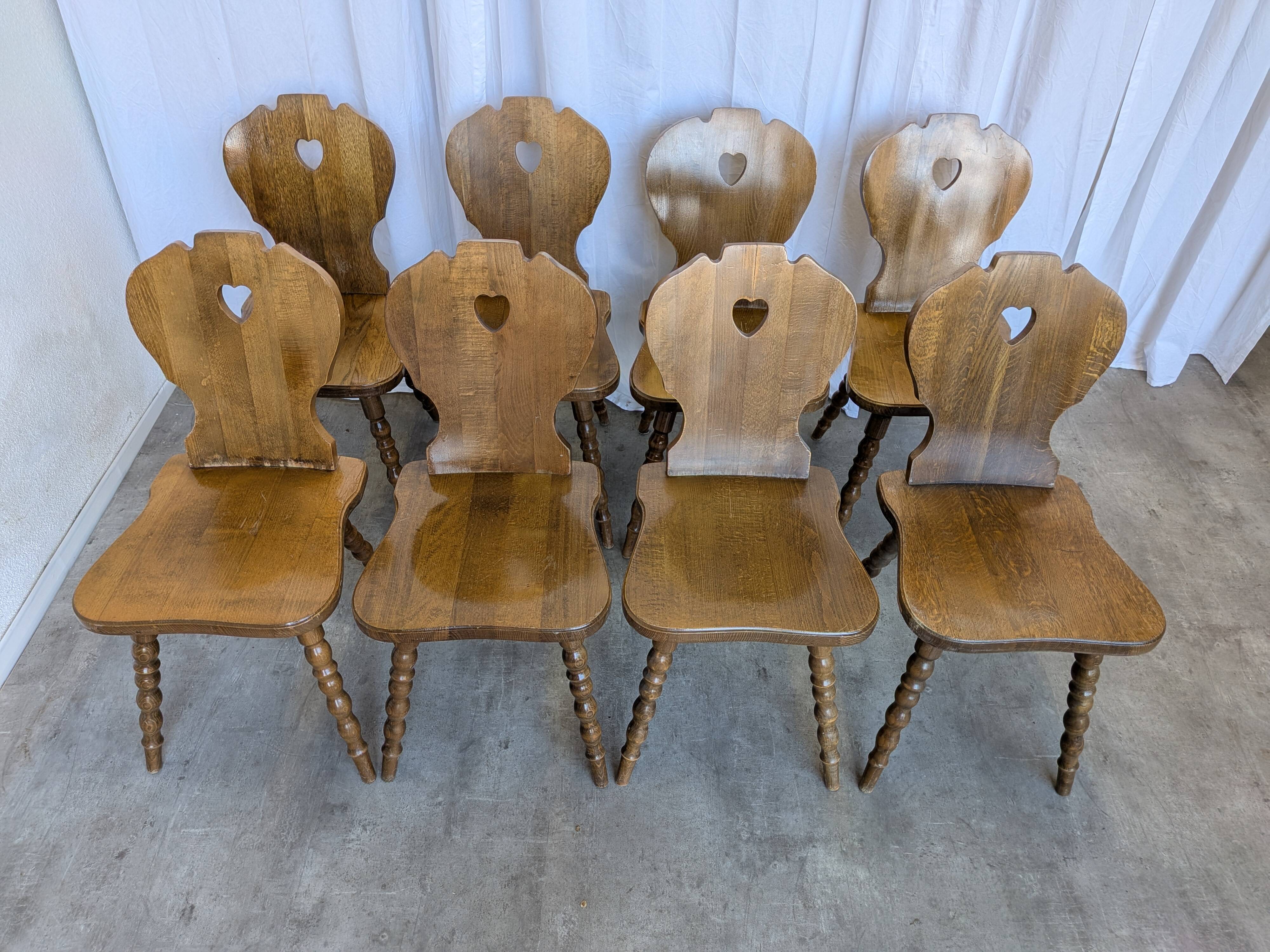 Set of 8 Vintage Tyrolean Heart Cutout Wooden Dining Chairs / Darker Brown
