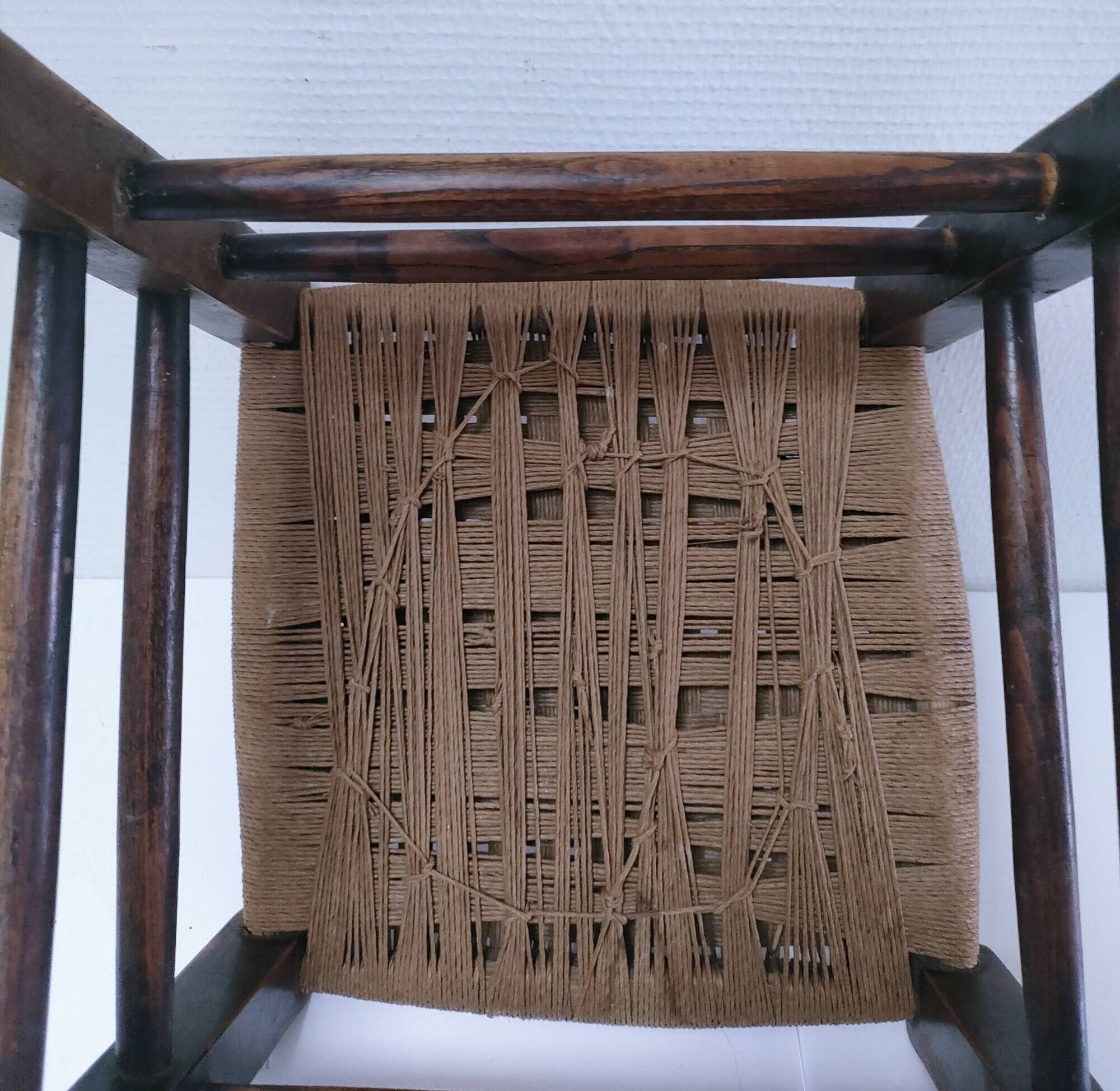 wooden stool with woven plant seat vintage