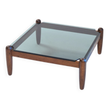 Square japandi style glass oak coffeetable, 1970s