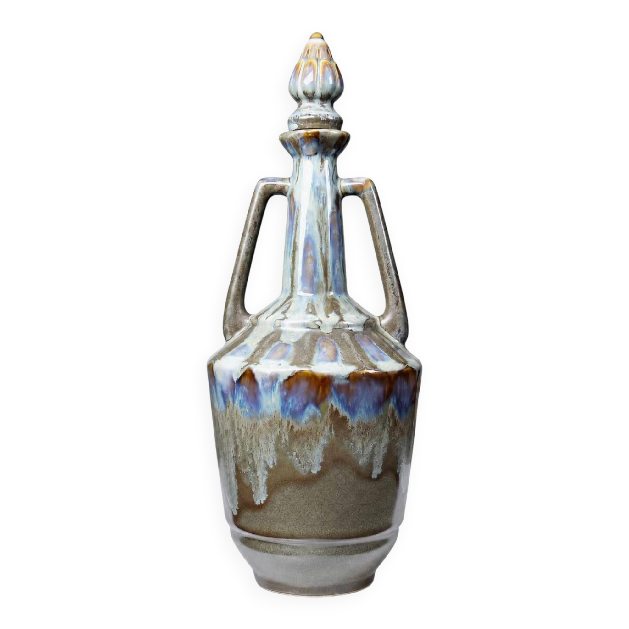 Vintage stoneware bottle with flamed glaze, France 1950-1970.