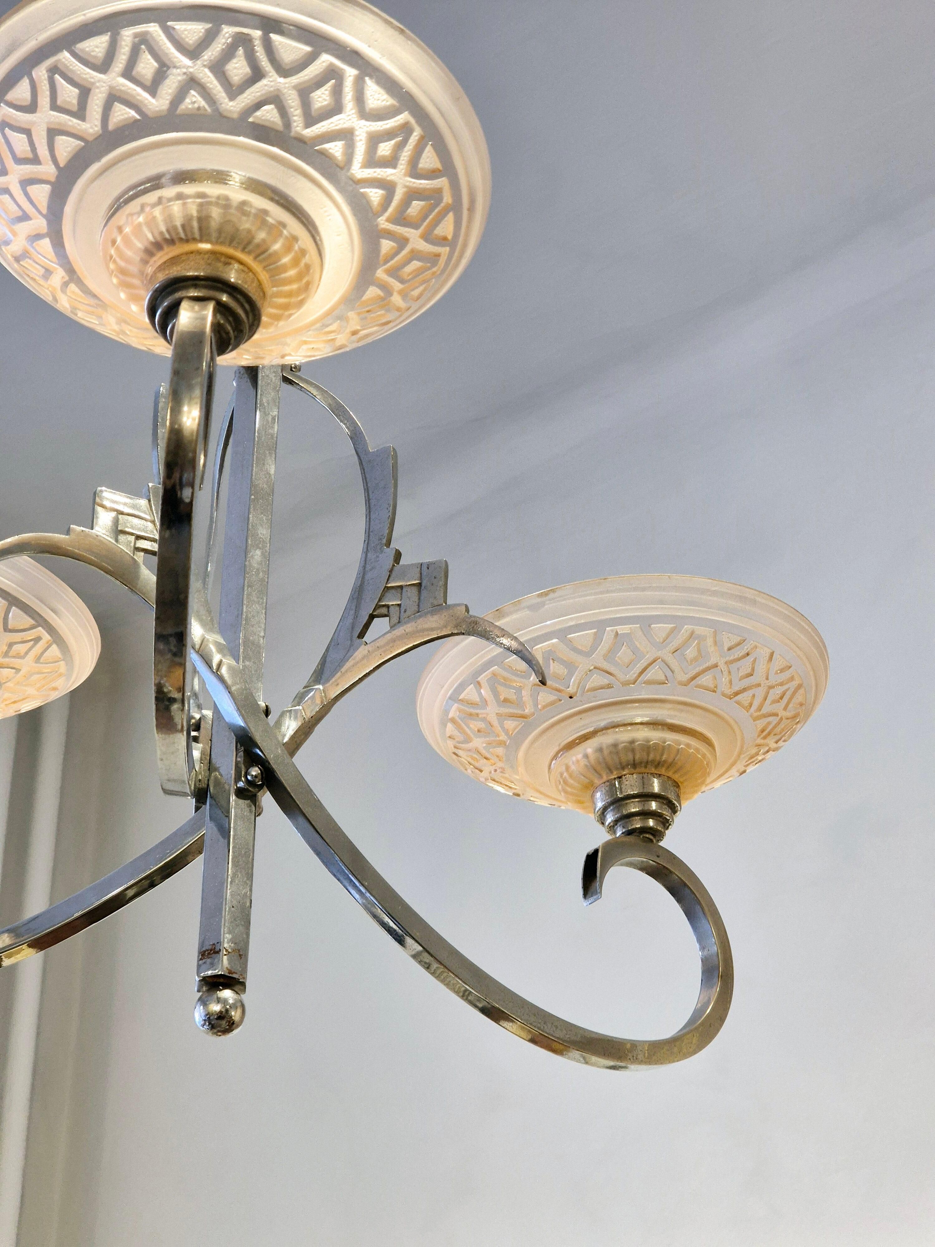 French chandelier, with pink glass shades, Art Deco