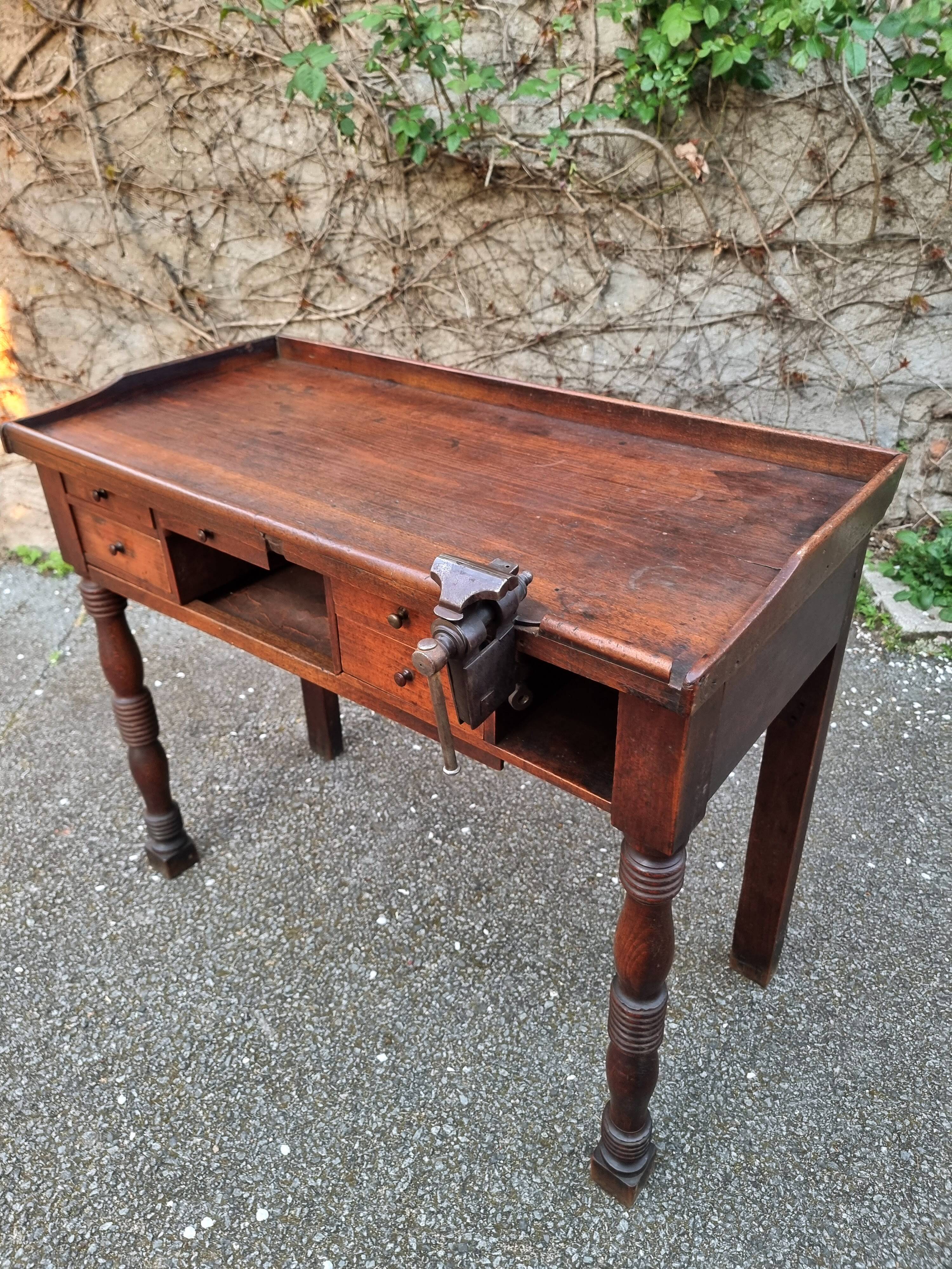 French antique watchmaker's bench – Table with drawers, vice, and original sliding leather surface – circa 1900