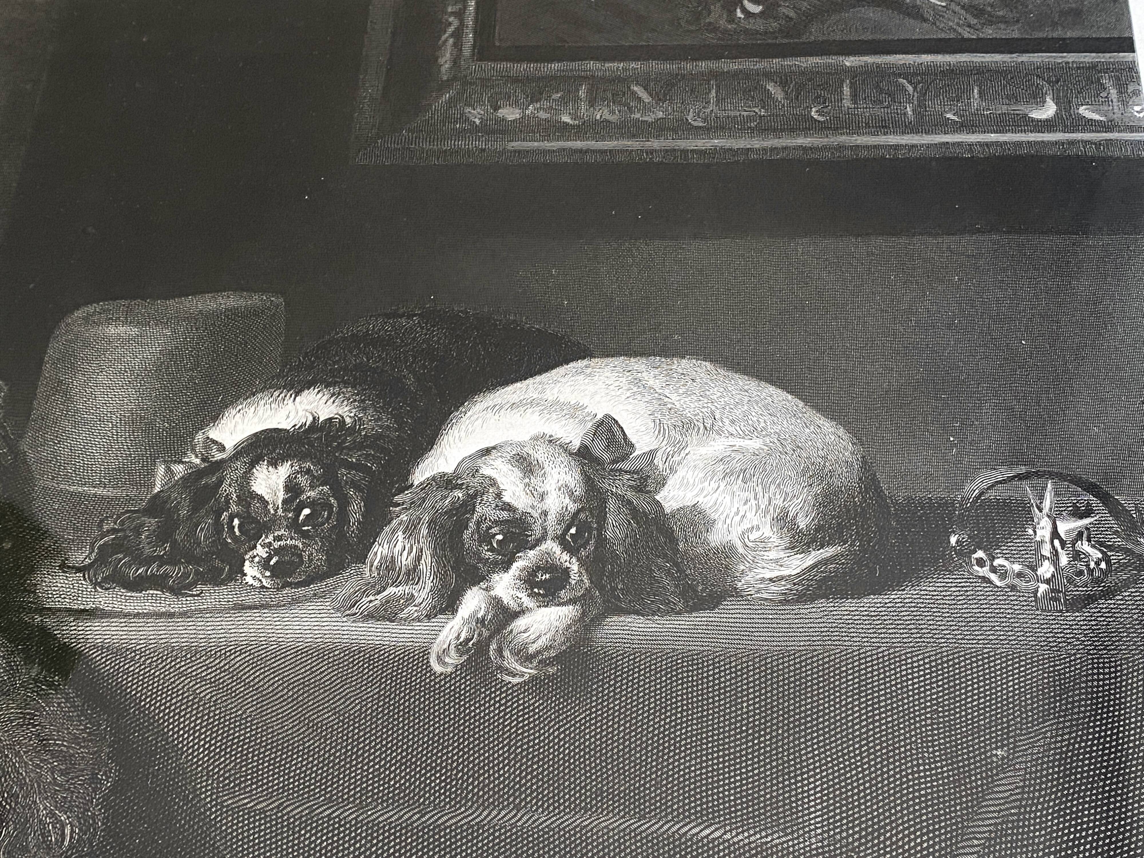 Antique engraving by edwin landseer - cavalier king charles dogs