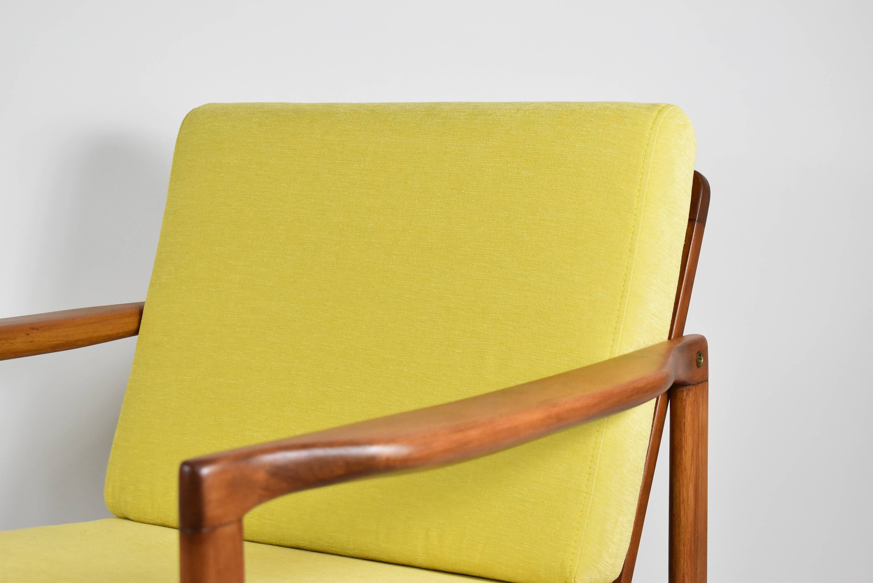 Scandinavian restored armchair, original 60s icon, yellow, teak