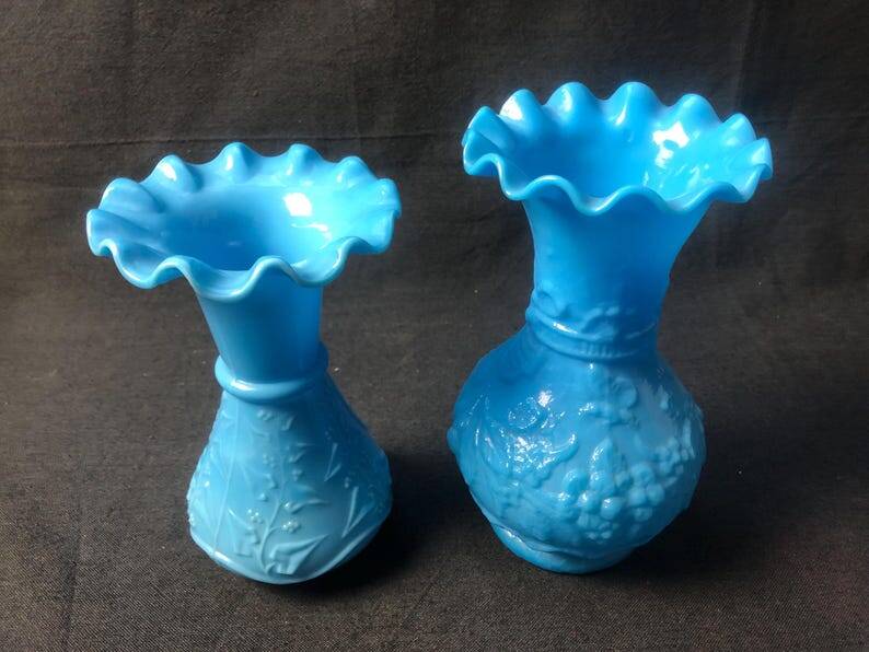 Antique French Opaline Glass Vases: Art Nouveau Floral Pair