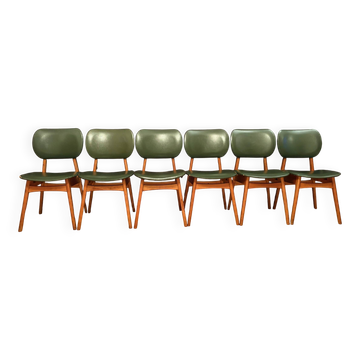 6 chaises en similicuir vert et bois, 1960