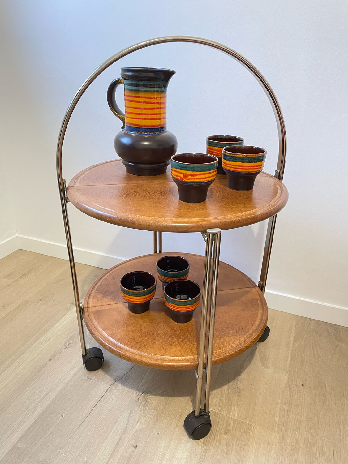 Folding service vintage castors solid wood 70s