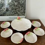 Vintage hollow dish and its 6 strawberry slip bowls