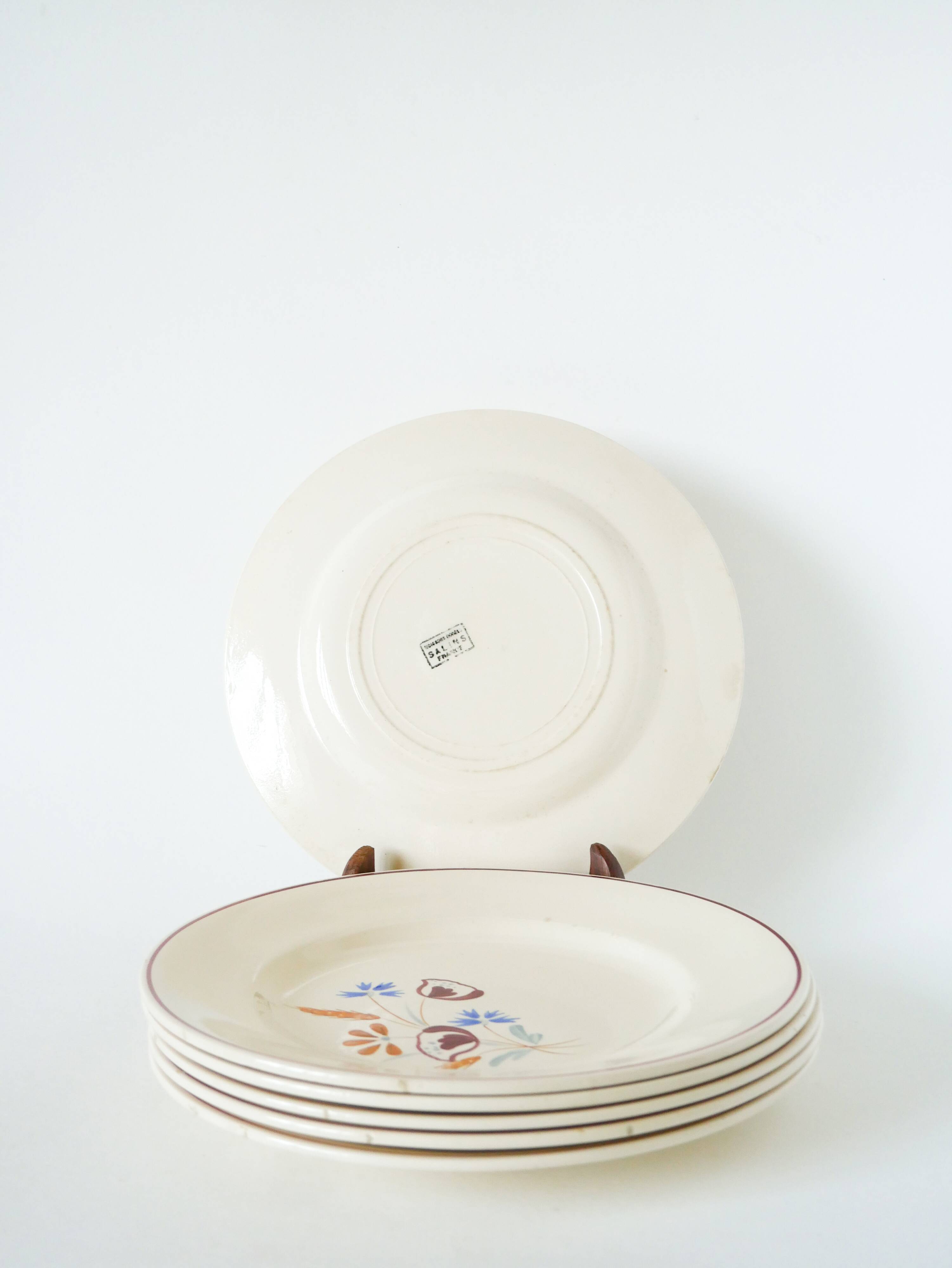 Set of 6 flat plates Salins, hand-painted flower patterns, 1950.