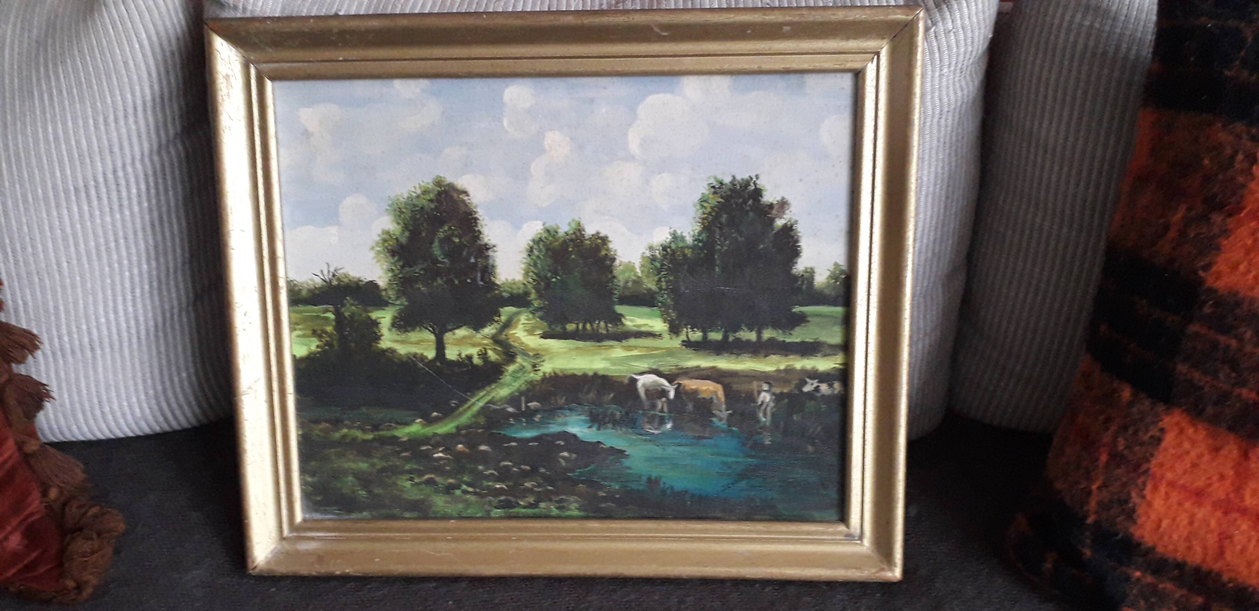 Antique oil painting depicting a countryside landscape