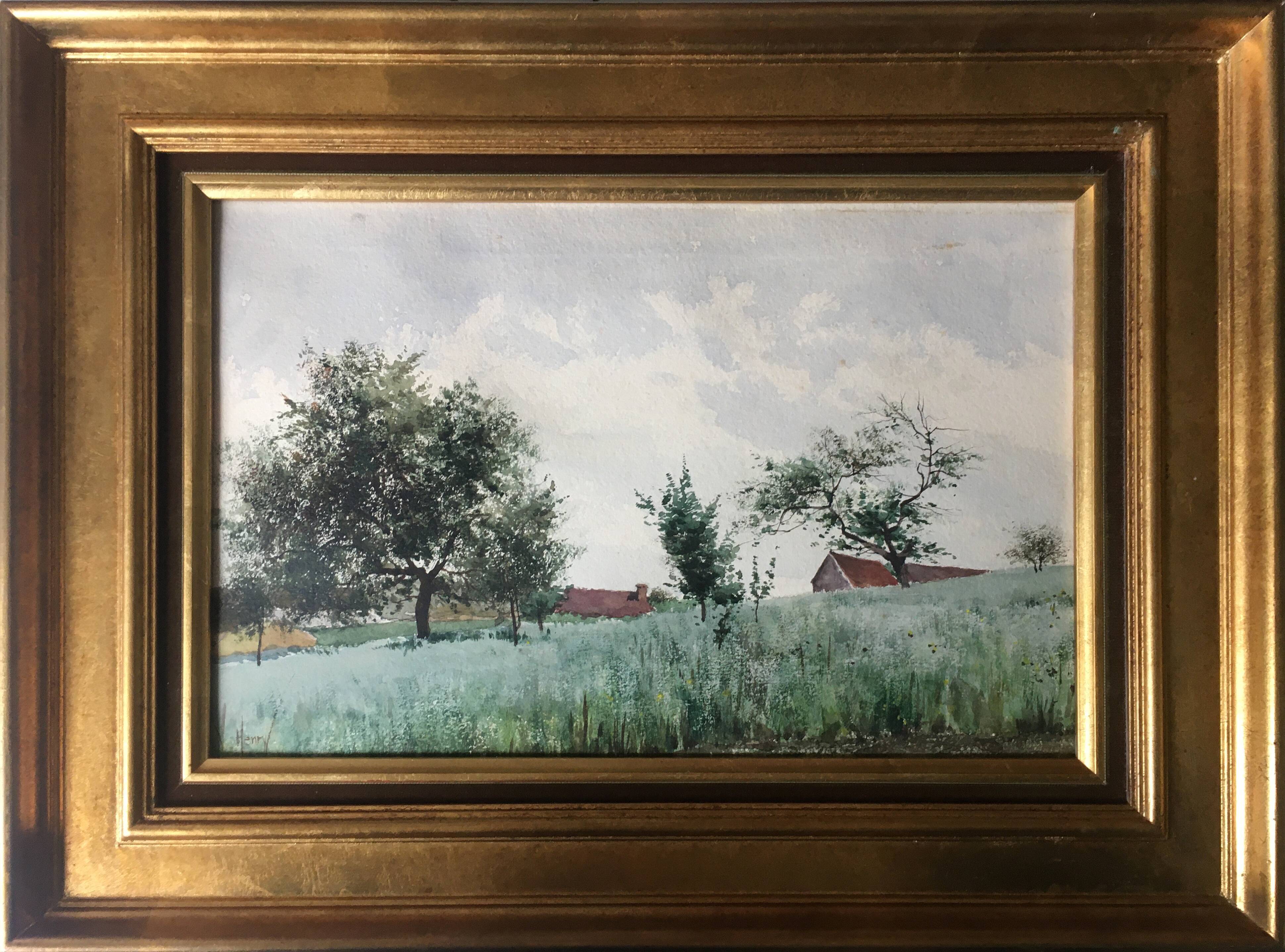 Watercolor signed Victor Henry (1855-1942) "The field of the village" with frame