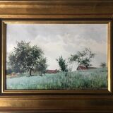 Watercolor signed Victor Henry (1855-1942) "The field of the village" with frame