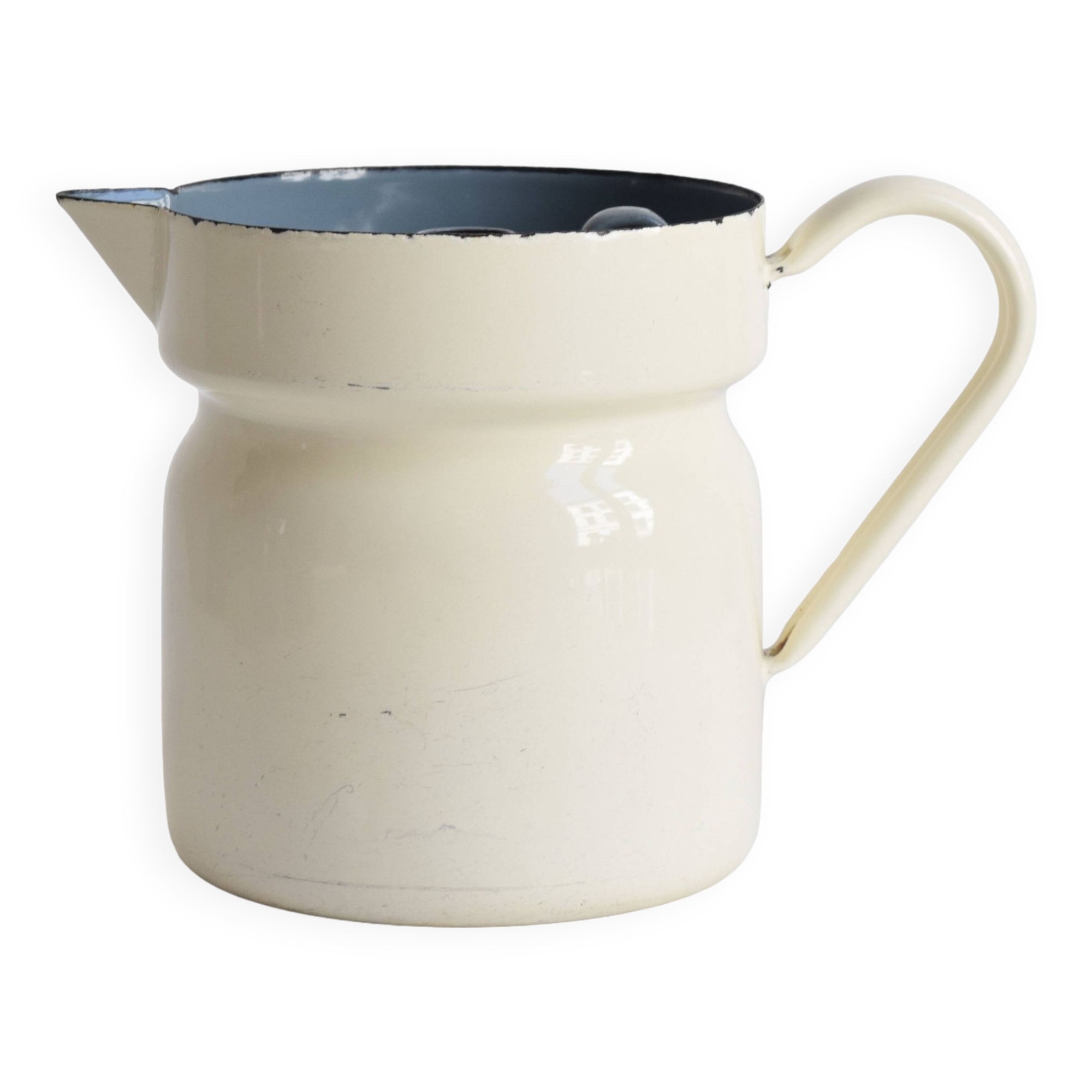 Vintage enameled sheet metal milk jug with lid f