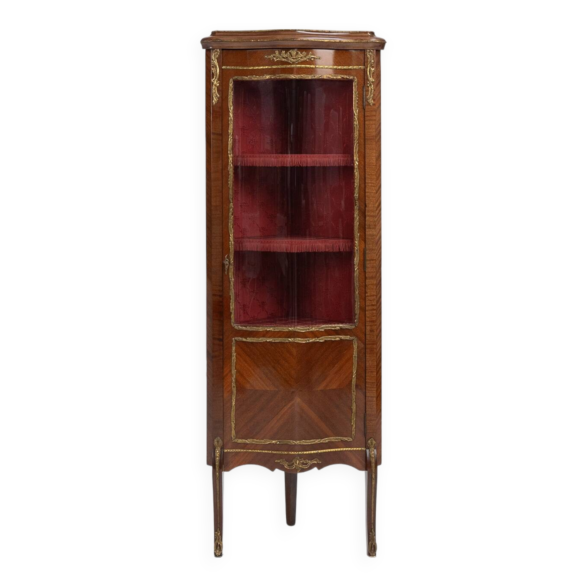 French 20th Century Louis XV style corner display cabinet with arched glass, ca 1950