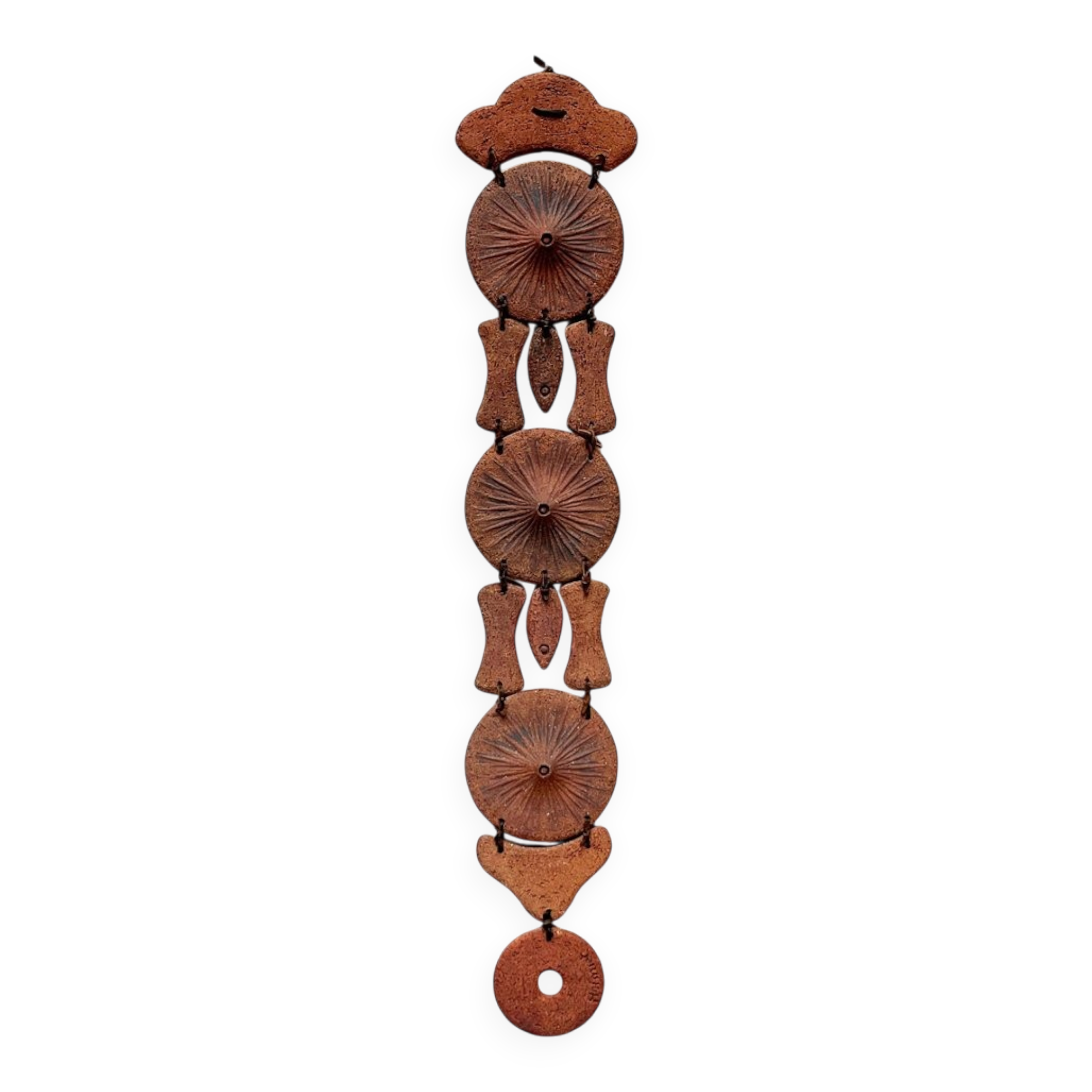 Wall suspension of Danish studio pottery in mid-century brutalist modernist style by Clara Helmich, 1979.