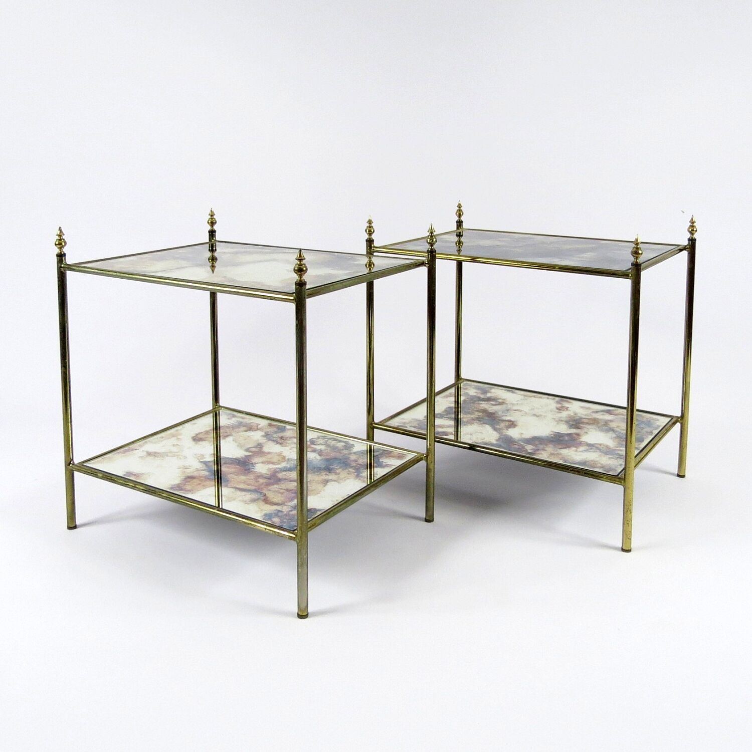 Set of 2 French brass and mirror side tables, 1970s