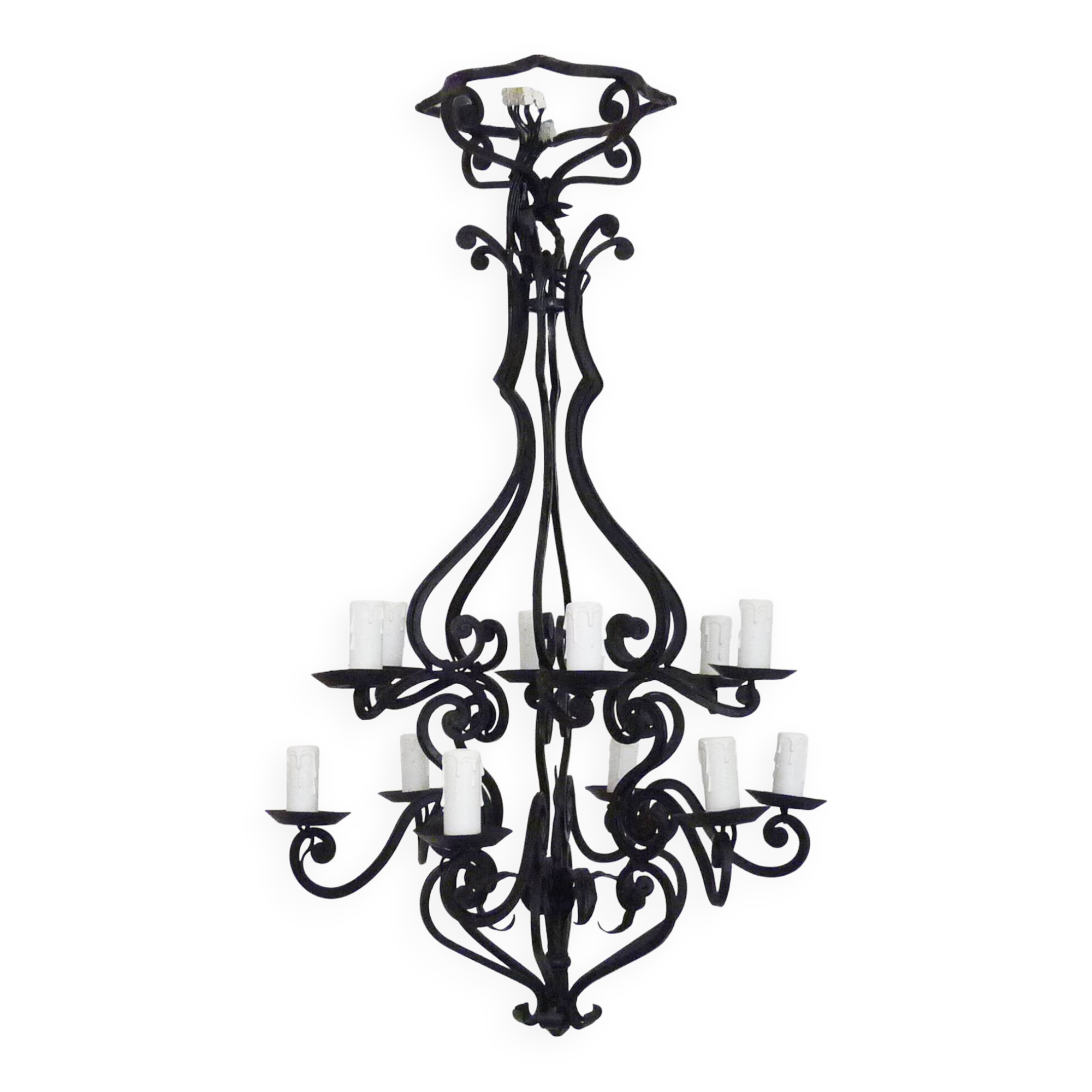 Large 12-light wrought iron hall or living room chandelier. 1960s-70s
