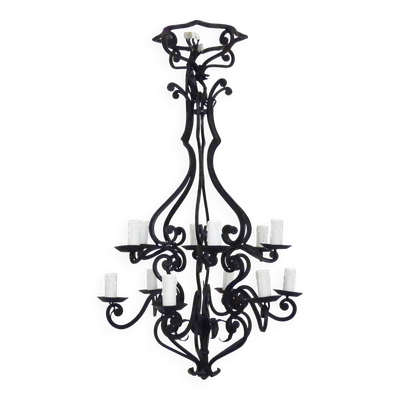 Grande lustre d'entrée ou de salon en fer forgé à 12 feux. Années 60 70