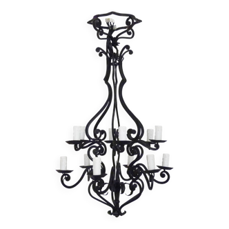 Large 12-light wrought iron hall or living room chandelier. 1960s-70s