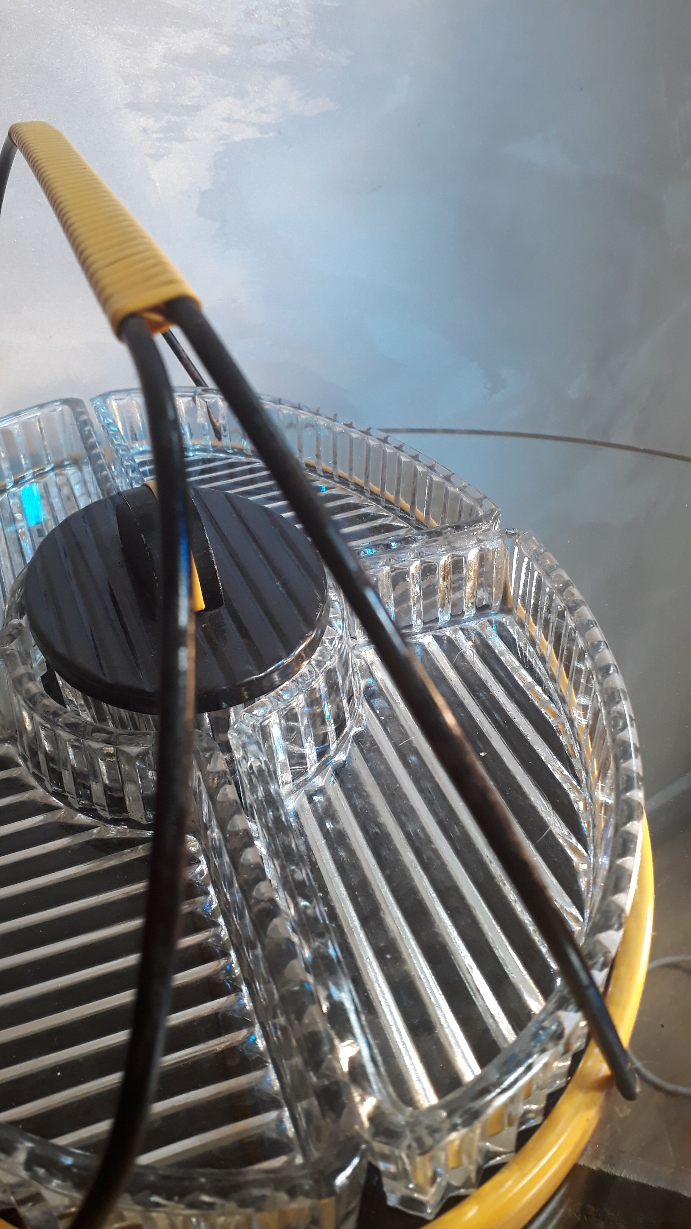 Vintage apero tray, moulded glass, wood and black steel, mirror some natural wear stains.