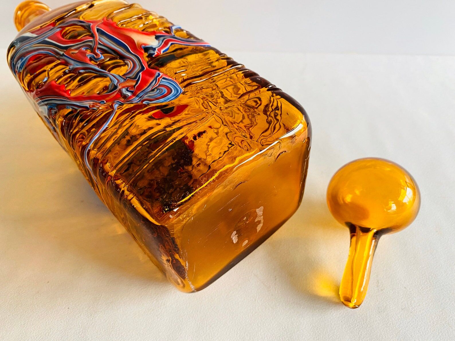 Vintage orange glass decanter / bottle with stopper, textured glass mdina
