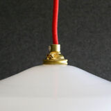 French suspension lamp in white opaline with red print pattern - comes with brass socket
