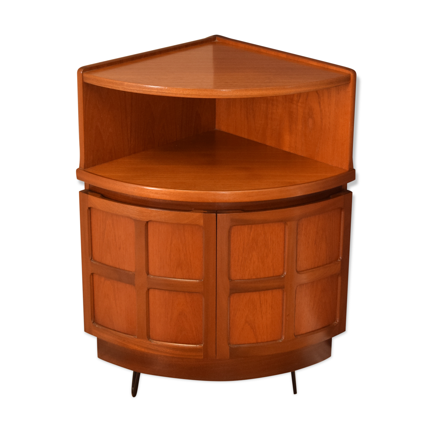 Restored teak retro 1960s nathan squares corner unit on hairpin legs