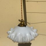 Vintage opaline glass pendant lamp pleated snowflake shape new golden threads and socket