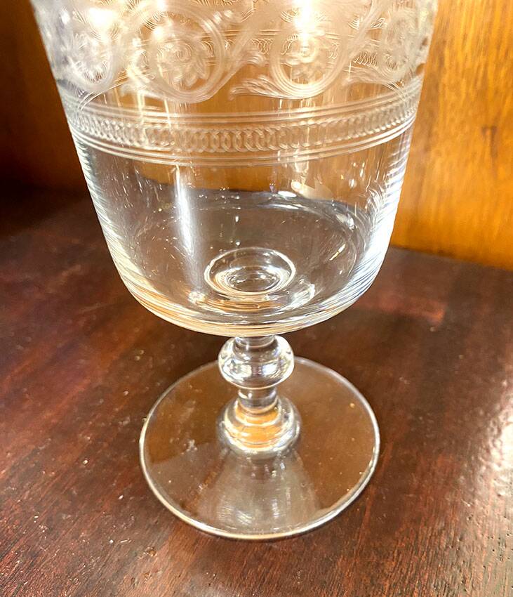 9 Baccarat crystal wine glasses, Athenian engraving