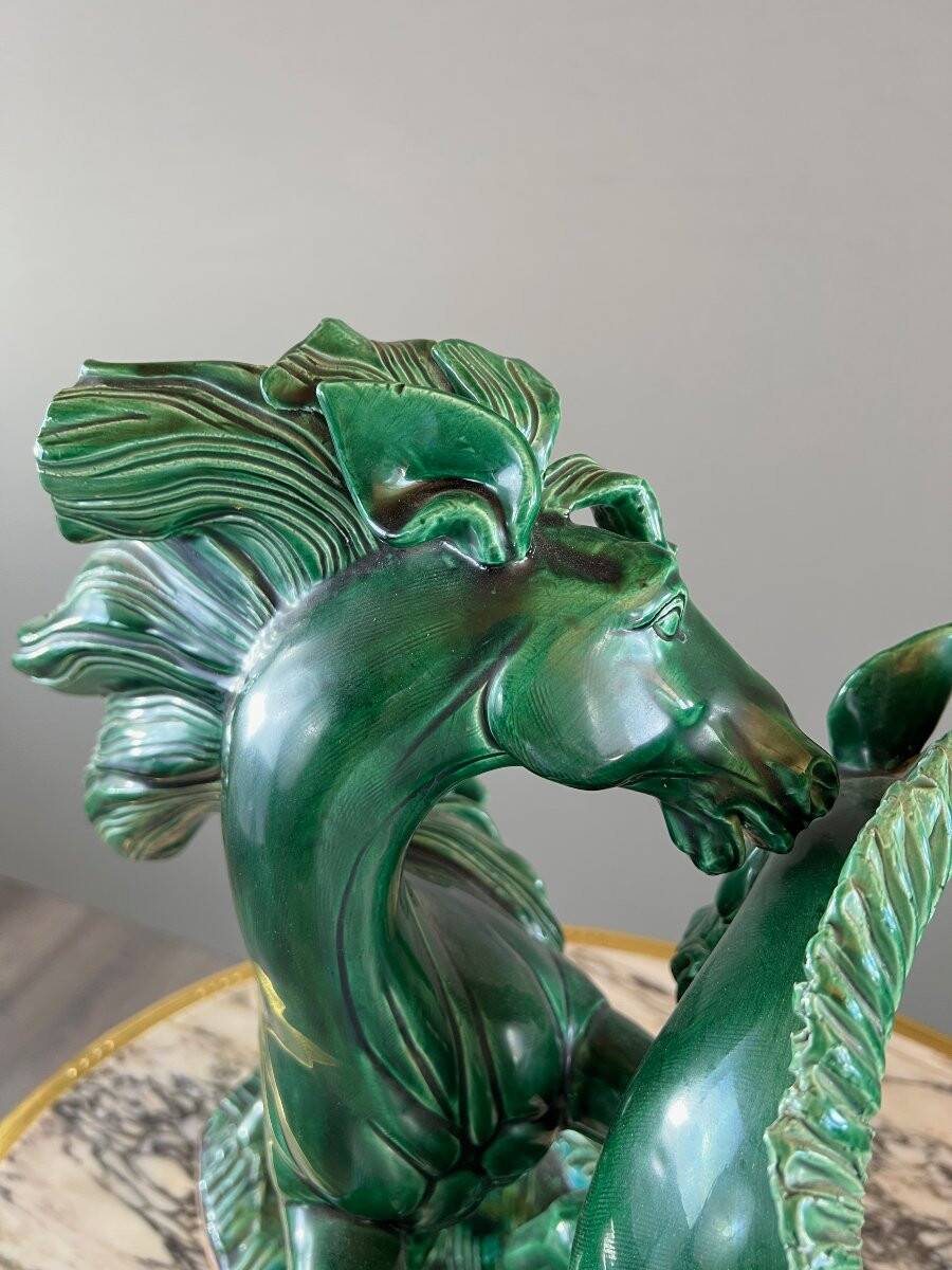 Glazed Ceramic Sculpture, Two Horses, Signed R. Prunet, 20th Century