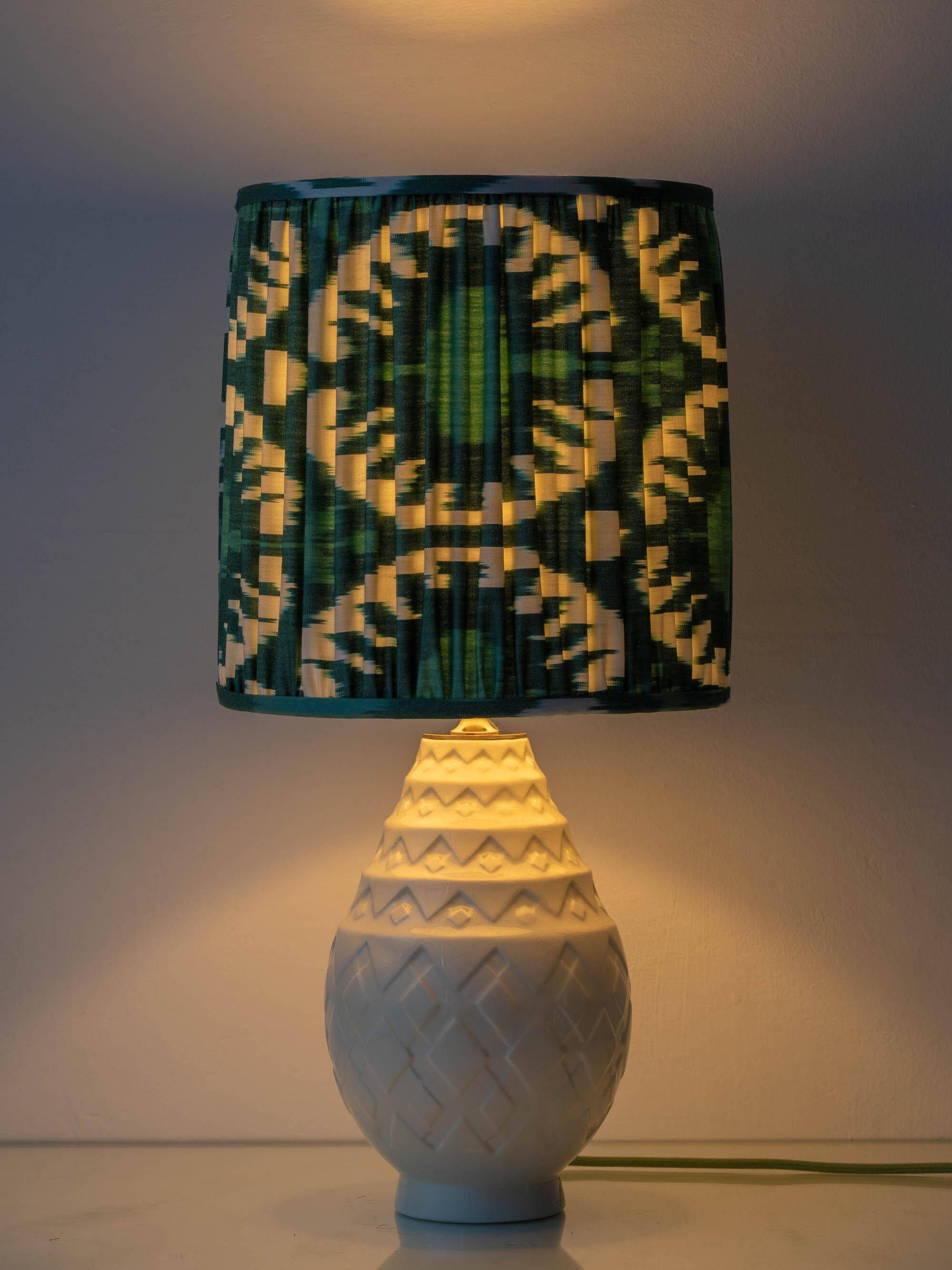 Art Deco table lamp by Charles Catteau for Boch Frères "Pineapple" with new Ikat silk shade.