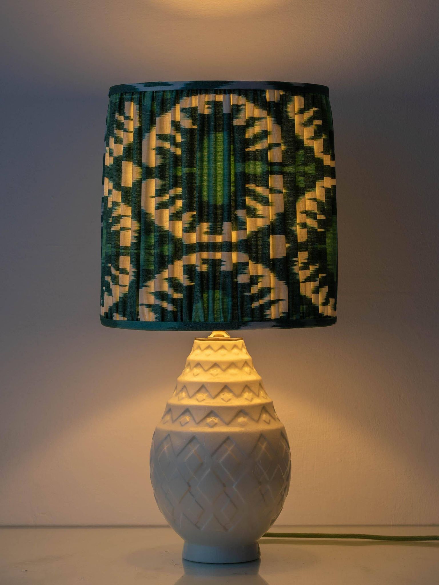 Art Deco table lamp by Charles Catteau for Boch Frères "Pineapple" with new Ikat silk shade.