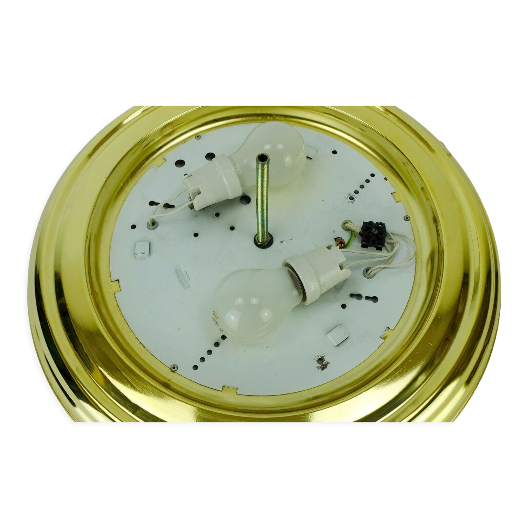 mid century ceiling LAMP flush mount textured amber glass and brass 1970s